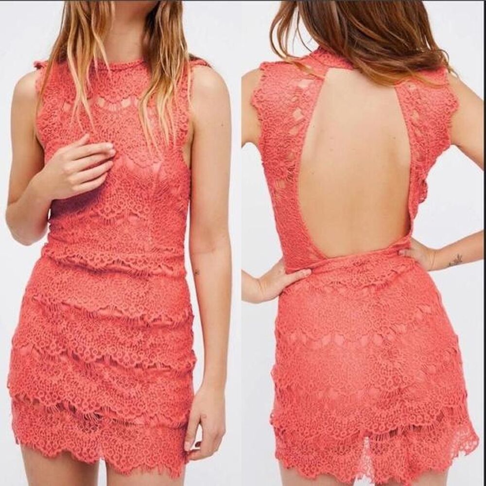 NWT Free People Daydream Coral Lace Mini Dress Sweetheart High Neck Open Back M